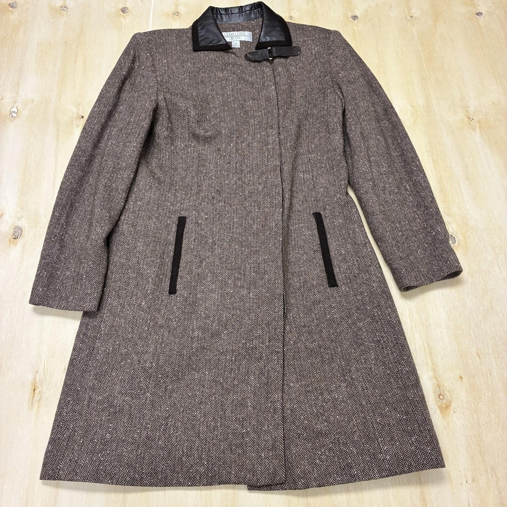 Larry Levine Coat Womens 10 Brown Wool Herringbone Tweed Buckle Collar Long